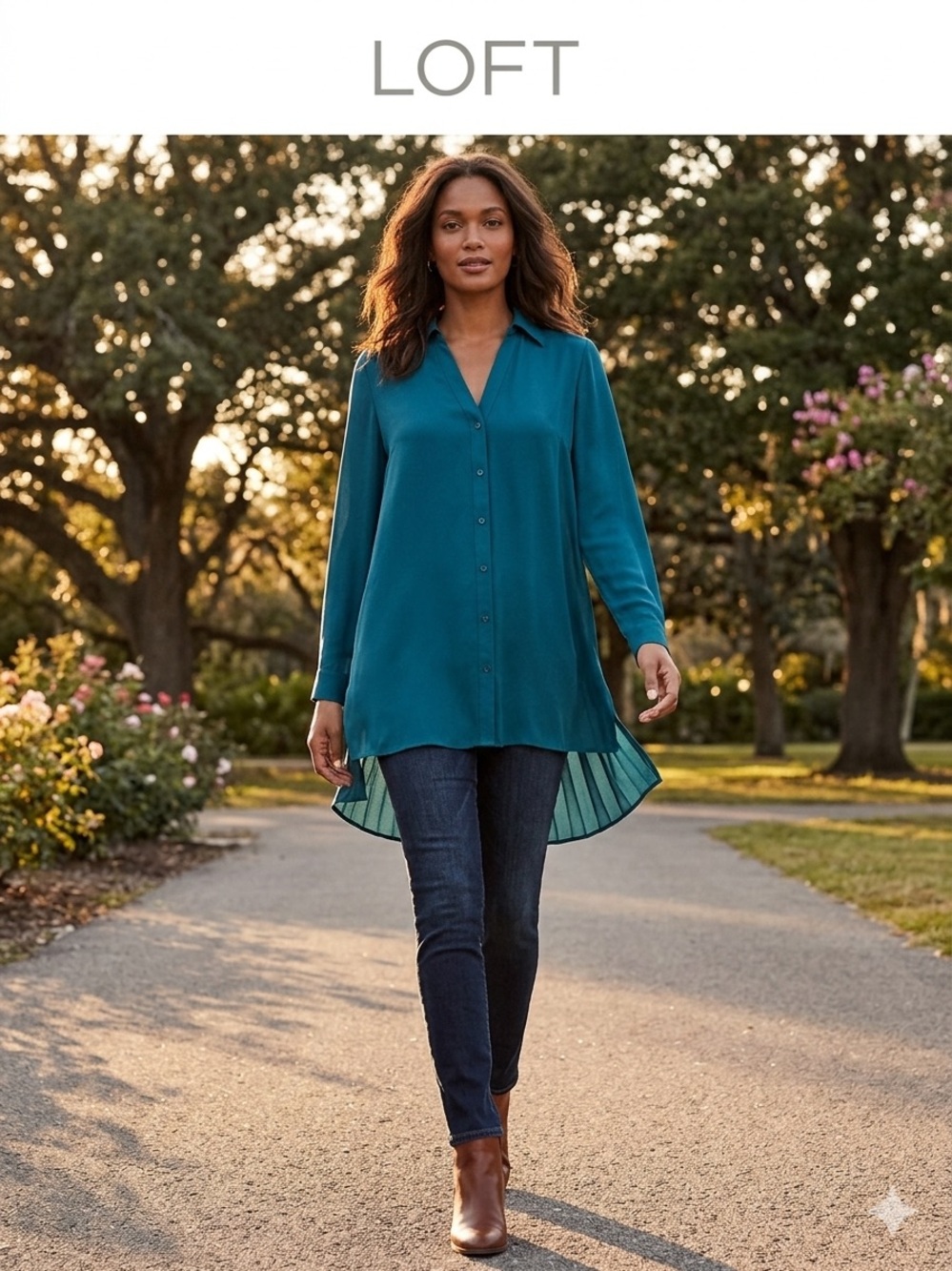 LOFT Teal Button-Front High-Low Tunic Blouse